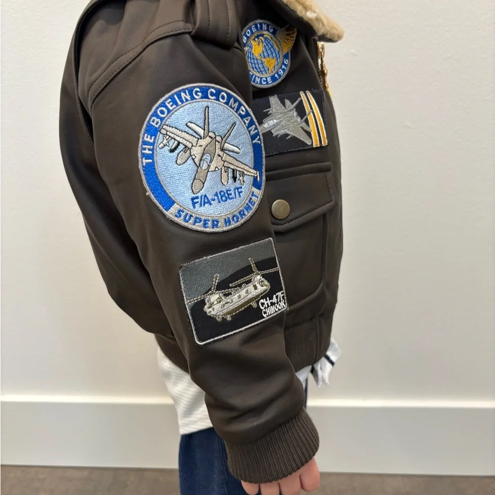 Kids Brown Aviator Patch Jacket -